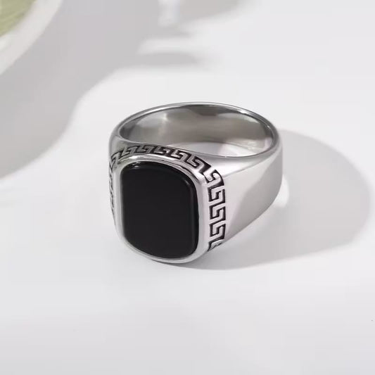 The Black Onyx Greek Key Men's Statement Ring