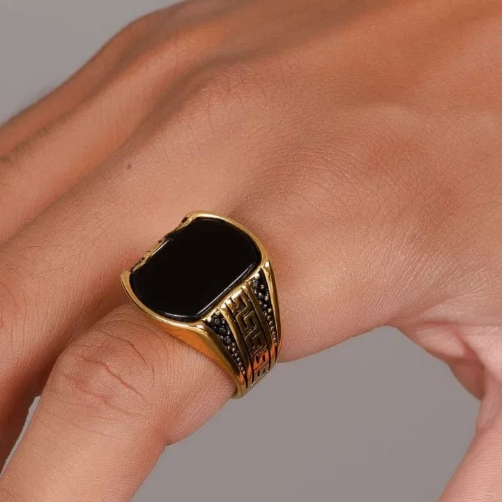 The Black Onyx & Intaglio Greek Key Men's Signet Ring