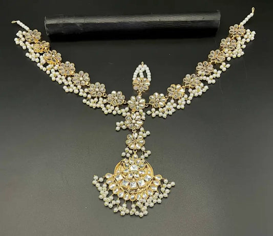 Traditional Kundan & Sheesha Headpiece with Chandbali Maang Tikka