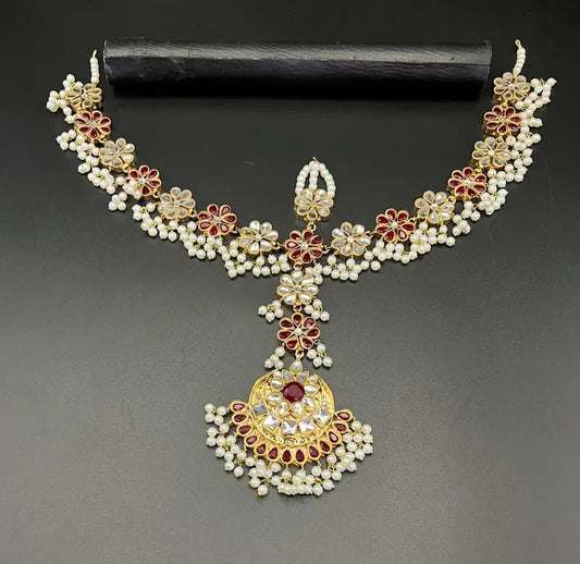 Traditional Kundan & Sheesha Headpiece with Chandbali Maang Tikka
