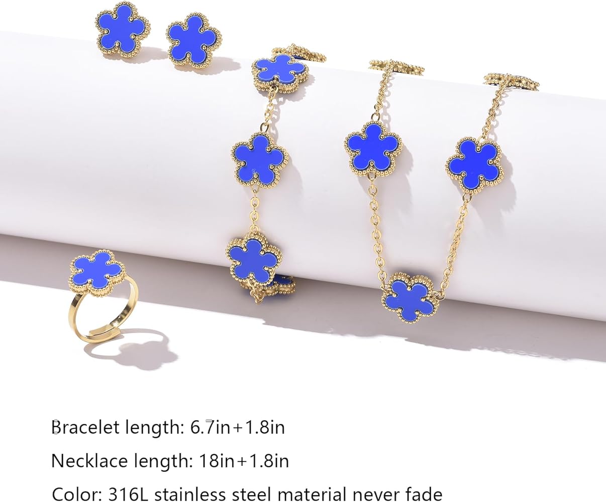 Blue Clover 3-Piece Jewelry Set – Necklace, Bracelet & Earrings