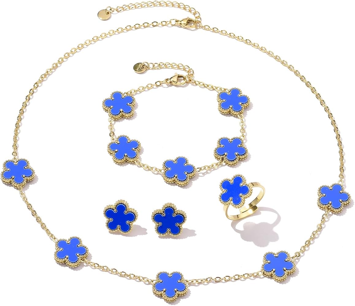 Blue Clover 3-Piece Jewelry Set – Necklace, Bracelet & Earrings