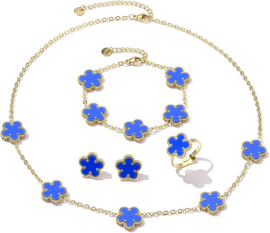 Blue Clover 3-Piece Jewelry Set – Necklace, Bracelet & Earrings