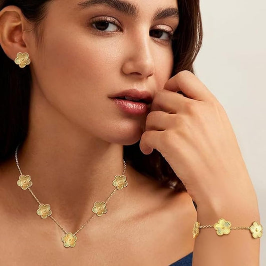 Clover Neckalce Bracelet Earring Set for Women 14K Gold Plated Stainless Steel Four Leaf Clover Jewelry Set