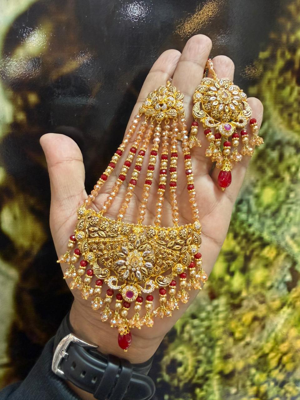 Exquisite American Diamond Bridal Jewelry Set - 4-Line Choker Necklace, Earrings & Maang Tikka