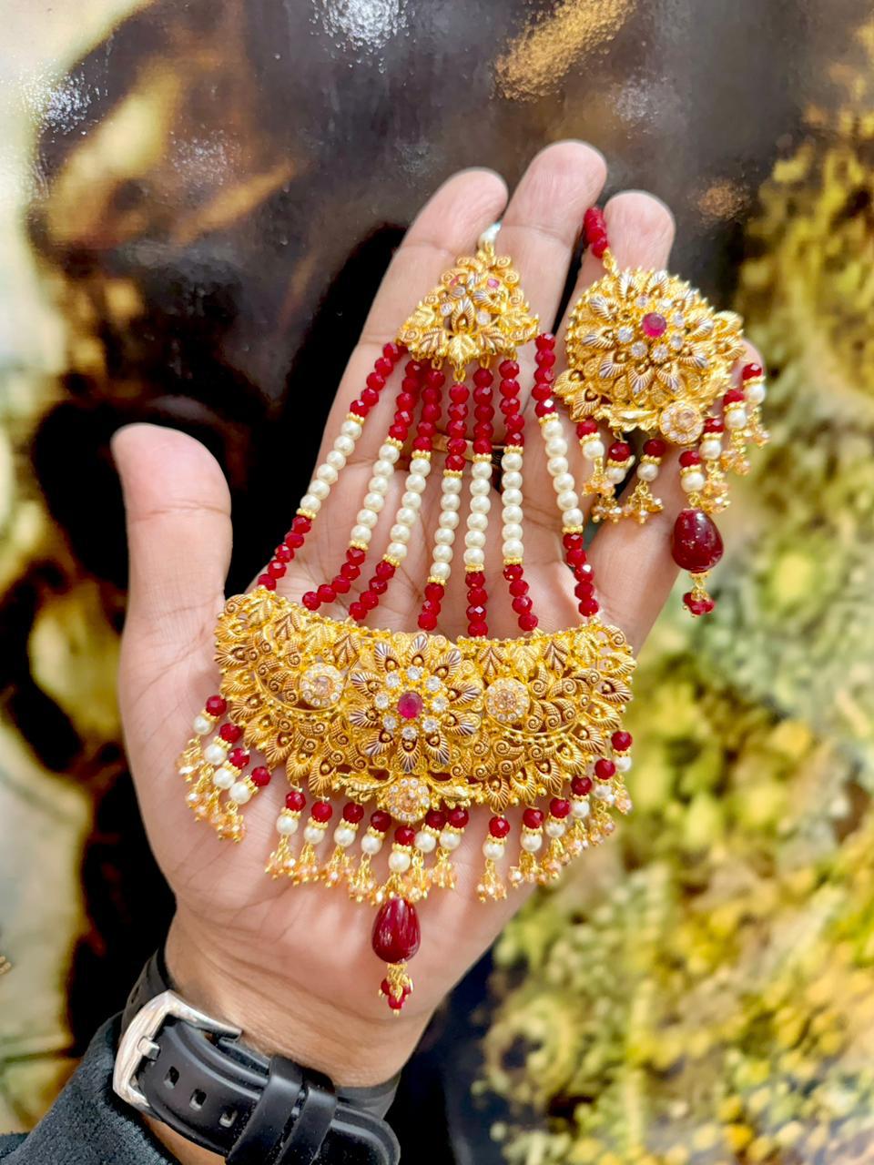 Exquisite American Diamond Bridal Jewelry Set - 4-Line Choker Necklace, Earrings & Maang Tikka