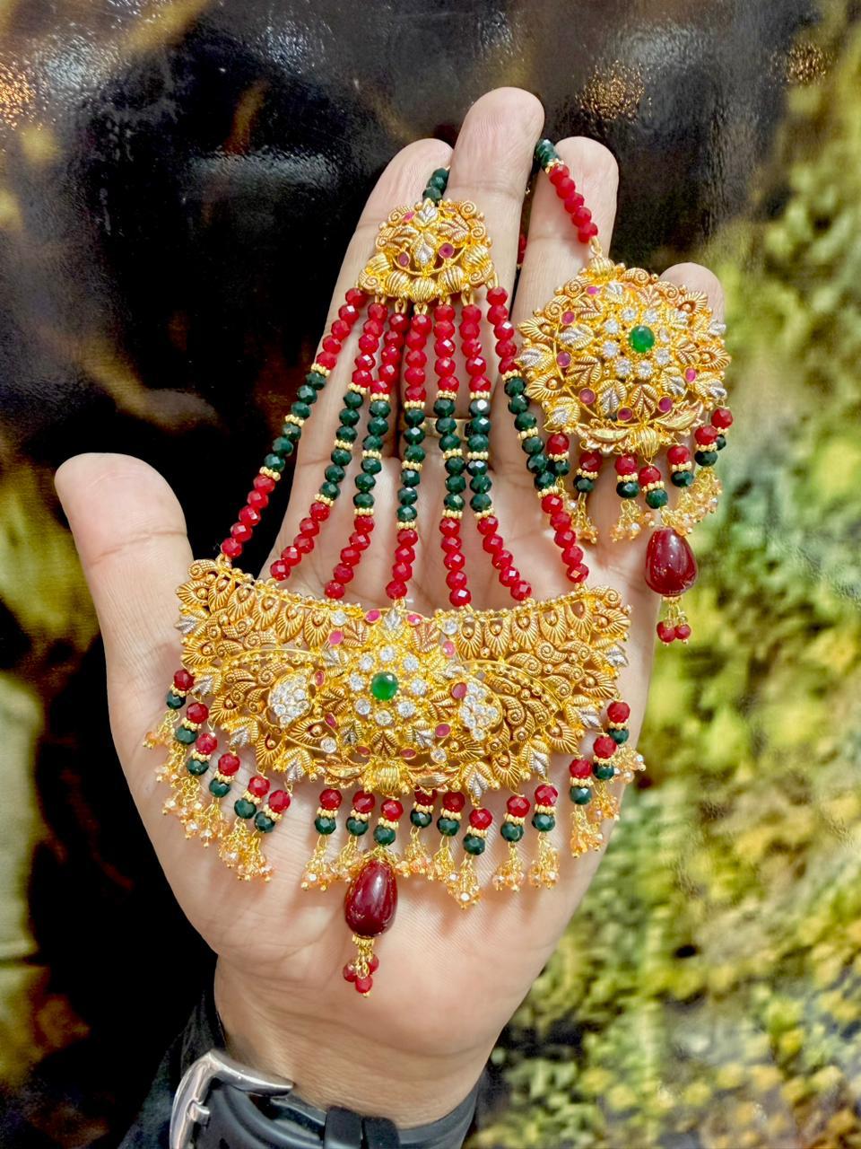 Exquisite American Diamond Bridal Jewelry Set - 4-Line Choker Necklace, Earrings & Maang Tikka