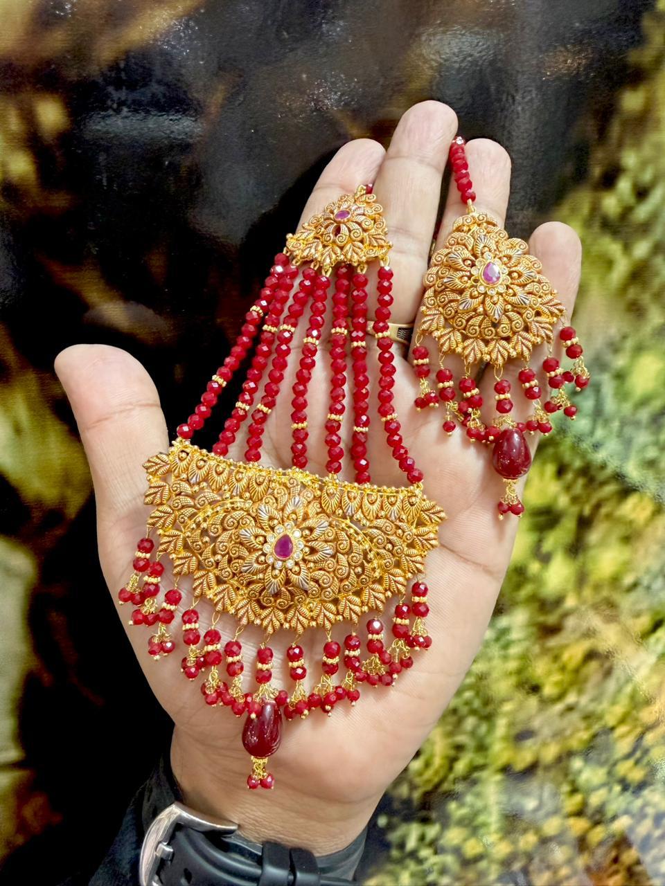 Exquisite American Diamond Bridal Jewelry Set - 4-Line Choker Necklace, Earrings & Maang Tikka