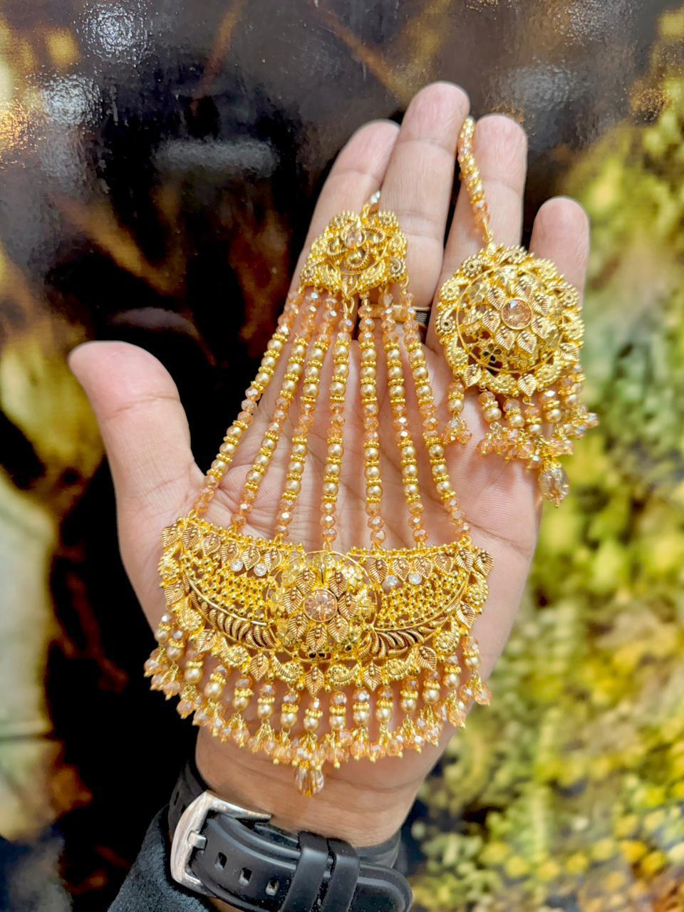 Exquisite American Diamond Bridal Jewelry Set - 4-Line Choker Necklace, Earrings & Maang Tikka