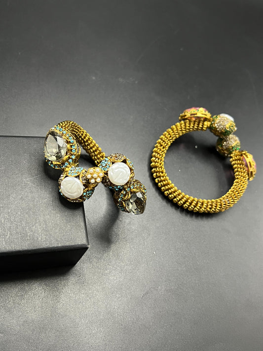 Luxury Gold-Tone Gemstone Bracelet Set with Interchangeable Colored Stone Caps