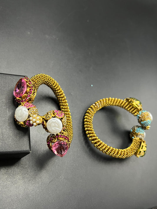 Luxury Gold-Tone Gemstone Bracelet Set with Interchangeable Colored Stone Caps