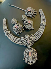 Royal American Diamond (AD) Bridal Jewelry Set - Exquisite Necklace, Matching Earrings & Maang Tikka