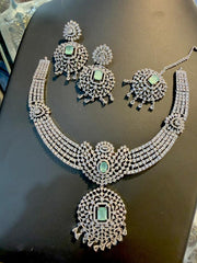 Royal American Diamond (AD) Bridal Jewelry Set - Exquisite Necklace, Matching Earrings & Maang Tikka