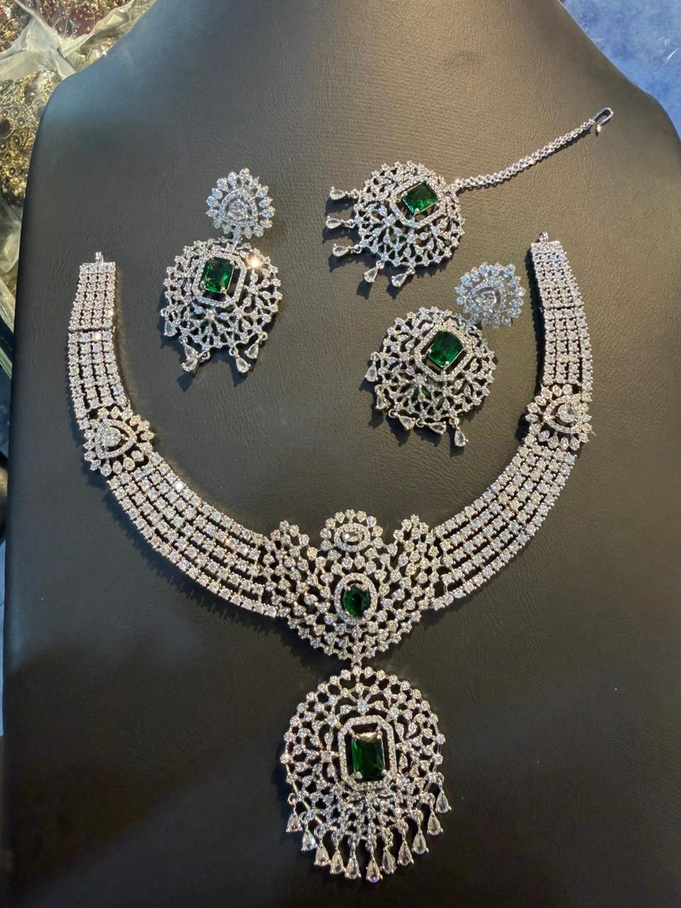Royal American Diamond (AD) Bridal Jewelry Set - Exquisite Necklace, Matching Earrings & Maang Tikka