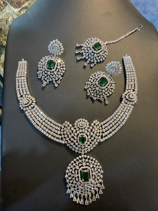 Royal American Diamond (AD) Bridal Jewelry Set - Exquisite Necklace, Matching Earrings & Maang Tikka