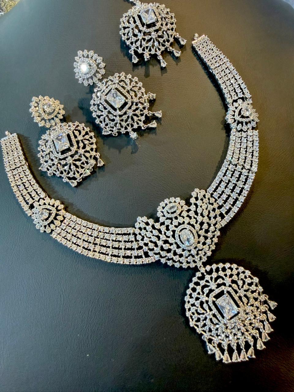 Royal American Diamond (AD) Bridal Jewelry Set - Exquisite Necklace, Matching Earrings & Maang Tikka
