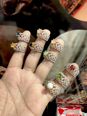 Vintage Filigree Royal Crown Ring – Intricate Lattice Statement Band with Round Solitaire Gemstone