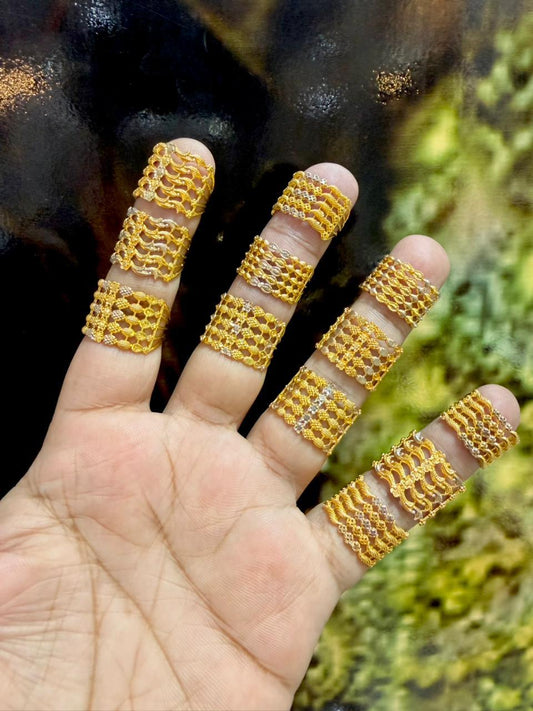 Intricate Two-Tone Filigree Mesh Rings – Elegant Gold-Plated Wide-Band Statement Collection