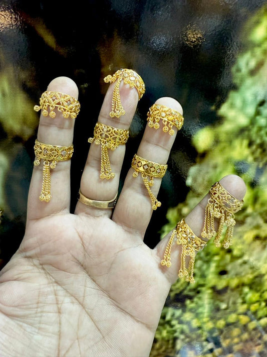Gold-Plated Traditional Filigree Latkan Rings – Adjustable Statement Finger Rings with Dangling Chain Drops