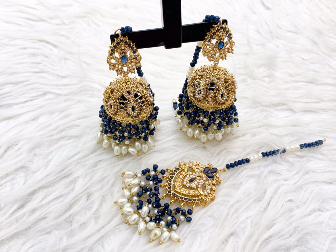 Royal Pearl Jhumka Earrings with Matching Tikka – Traditional Bridal Jewellery Set