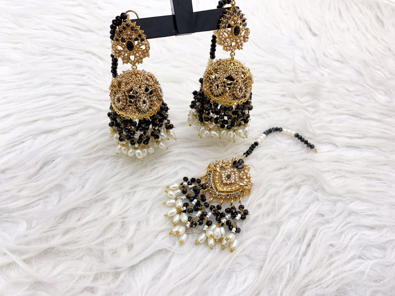 Royal Pearl Jhumka Earrings with Matching Tikka – Traditional Bridal Jewellery Set