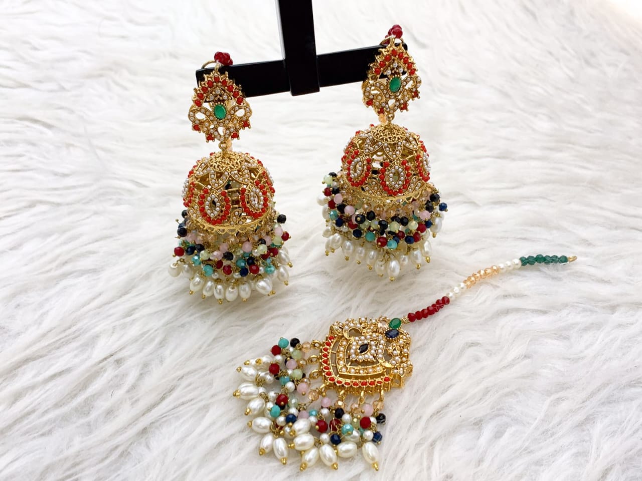 Royal Pearl Jhumka Earrings with Matching Tikka – Traditional Bridal Jewellery Set