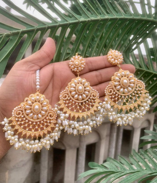 Royal Pearl Tikka Earrings Set – Elegant Ethnic Jewellery