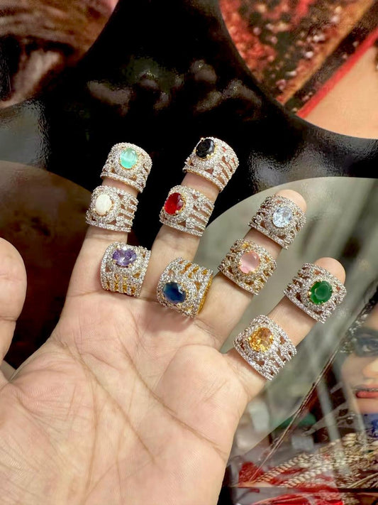 Elegant Wide Band Crystal Cocktail Rings Collection with Colorful Gemstone Centers