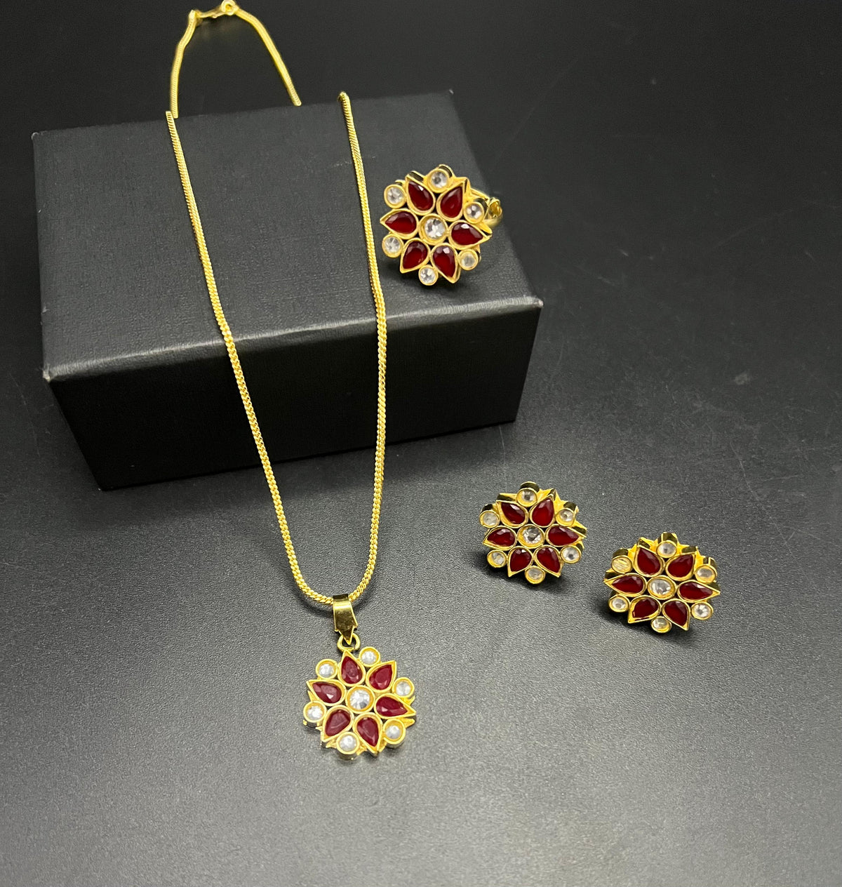 Gold-Plated Kundan Floral Combo Set with Interchangeable Ring - Available in Multiple Color Variants