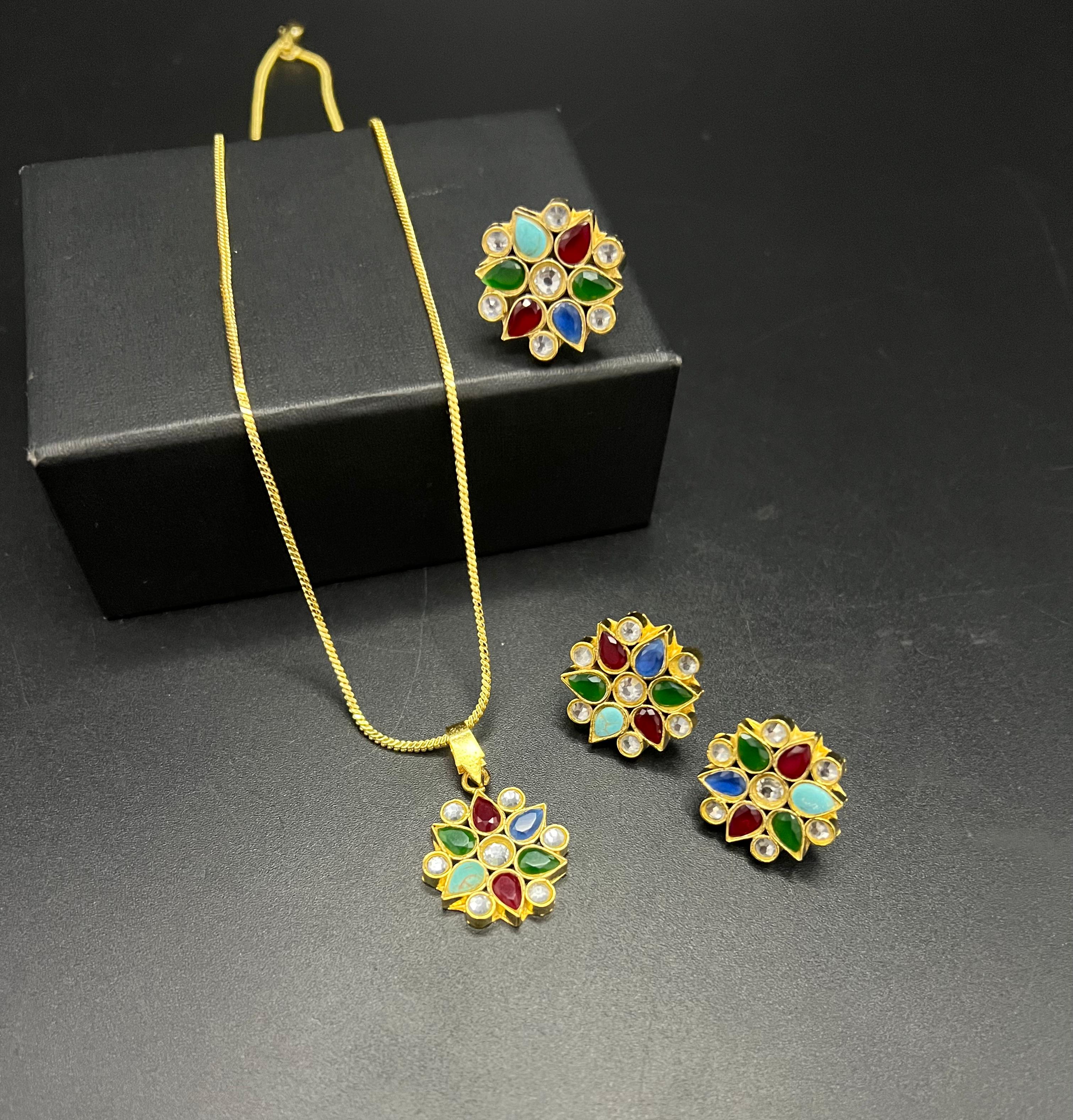 Gold-Plated Kundan Floral Combo Set with Interchangeable Ring - Available in Multiple Color Variants