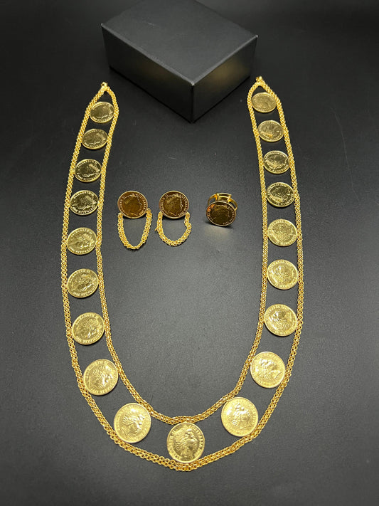 Turkish/Greek Coin Necklace Set - Gold-Plated Double Layer Necklace with Earrings and Ring - Vintage Roman Coin Design