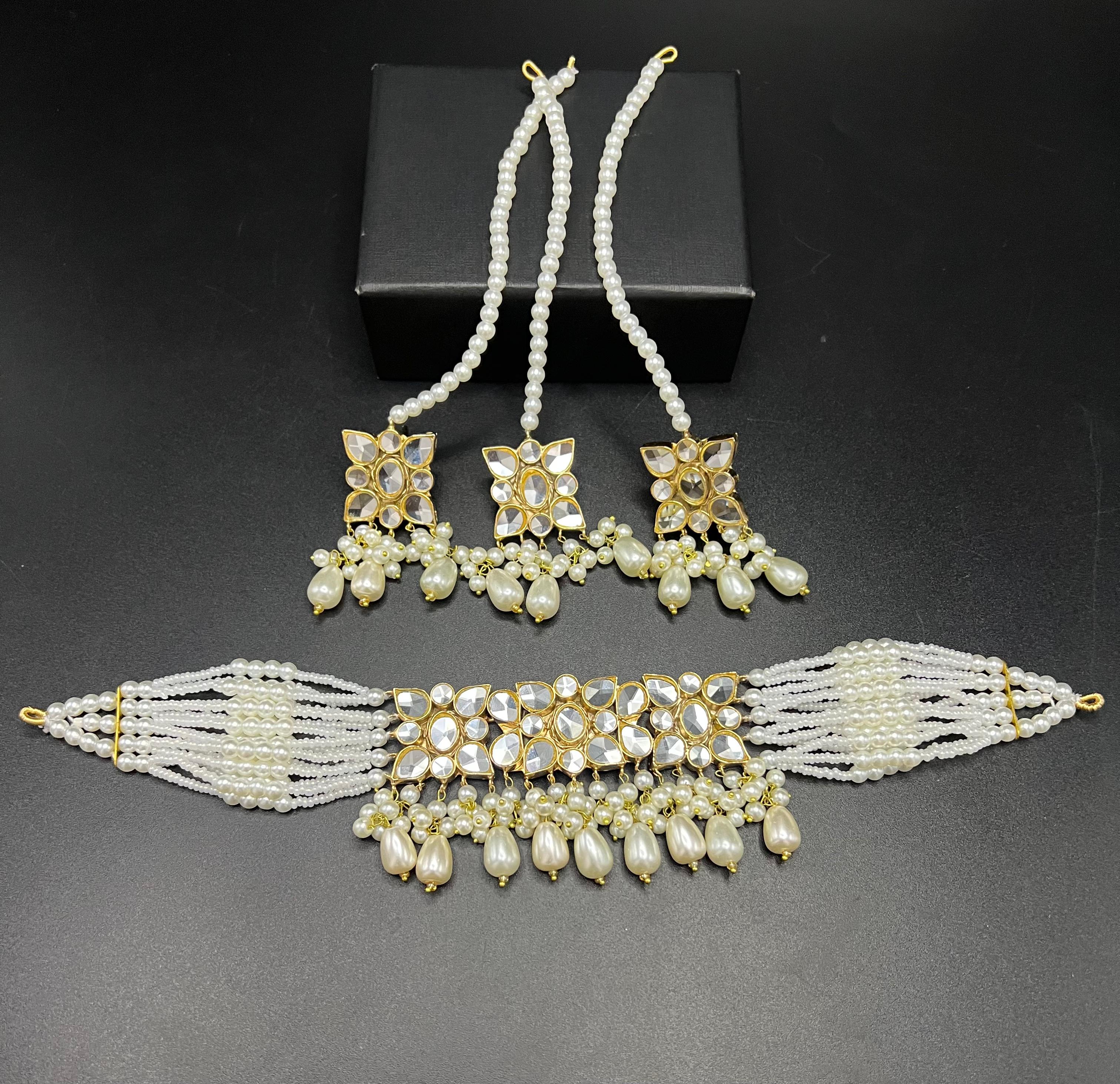 Traditional Kundan Choker Set with Pearl Beaded Strings - Multi-Strand Necklace with Matching Pass (Jhoomar) - Available in 6 Color Variants