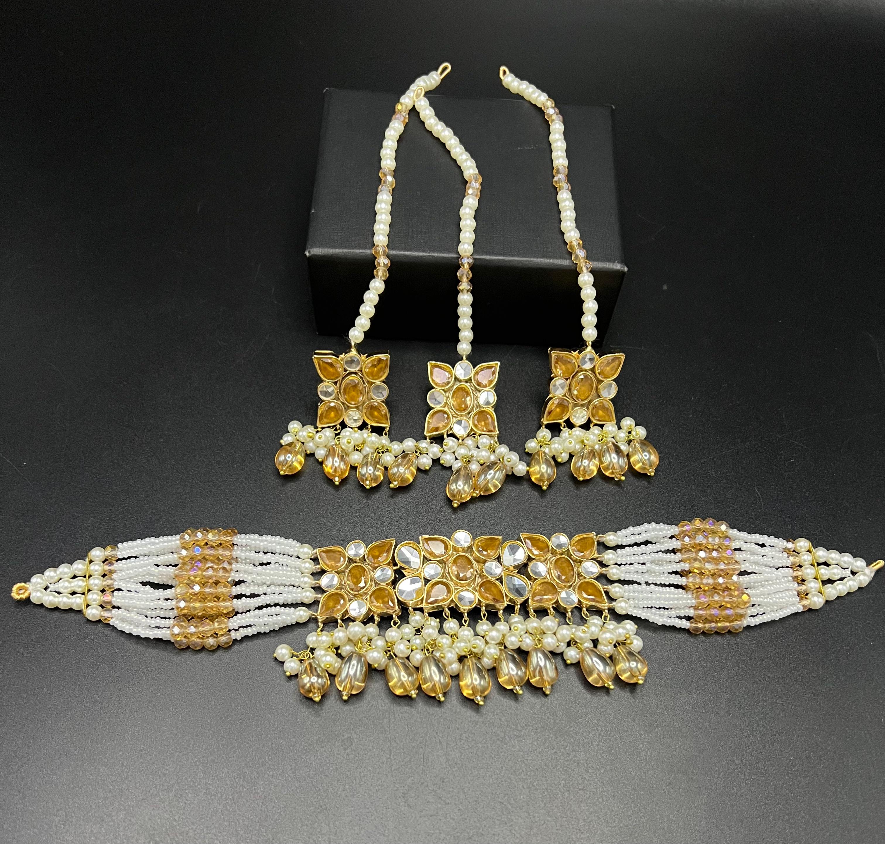 Traditional Kundan Choker Set with Pearl Beaded Strings - Multi-Strand Necklace with Matching Pass (Jhoomar) - Available in 6 Color Variants