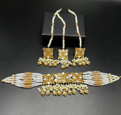 Traditional Kundan Choker Set with Pearl Beaded Strings - Multi-Strand Necklace with Matching Pass (Jhoomar) - Available in 6 Color Variants