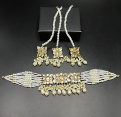 Traditional Kundan Choker Set with Pearl Beaded Strings - Multi-Strand Necklace with Matching Pass (Jhoomar) - Available in 6 Color Variants