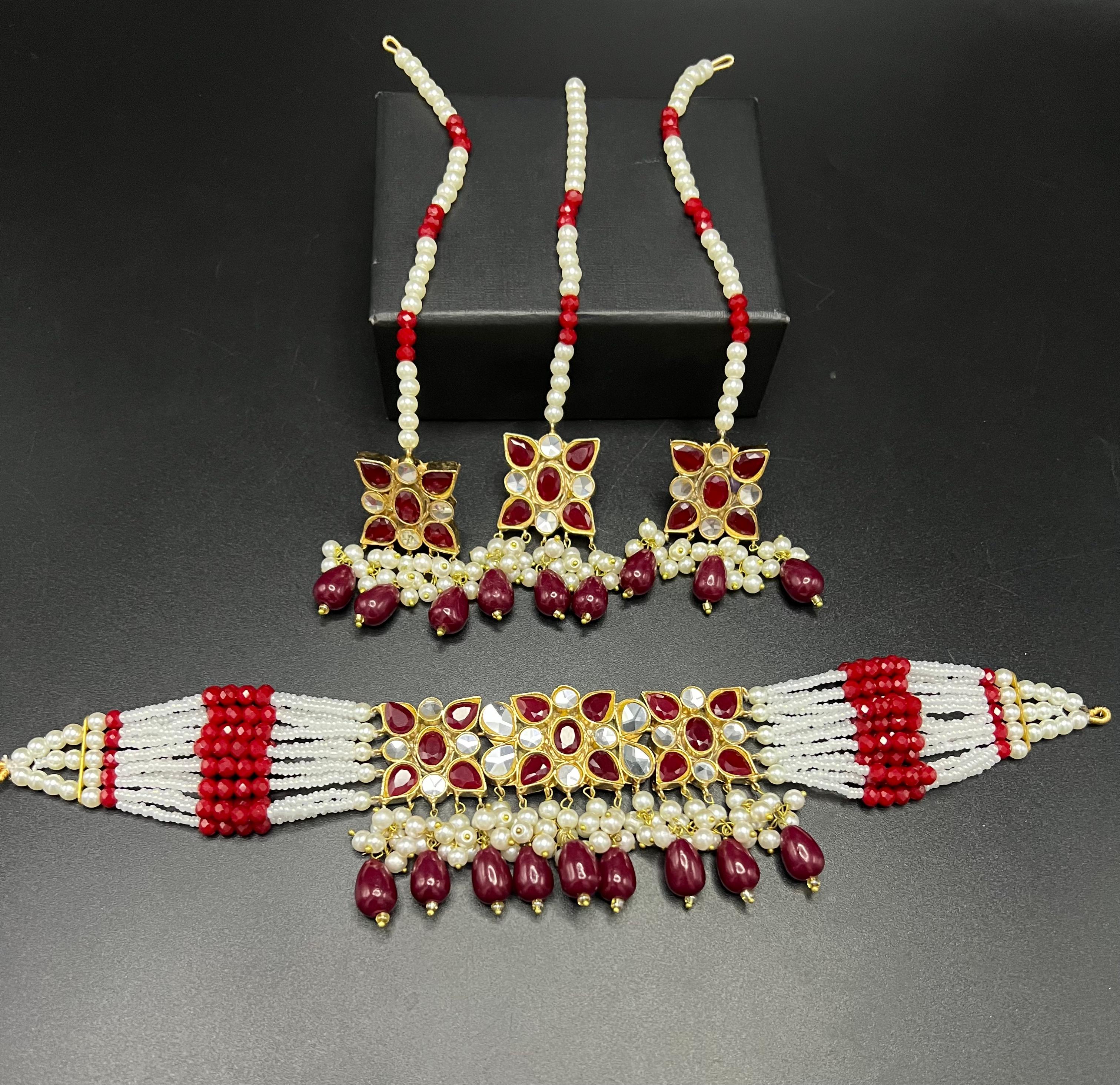 Traditional Kundan Choker Set with Pearl Beaded Strings - Multi-Strand Necklace with Matching Pass (Jhoomar) - Available in 6 Color Variants