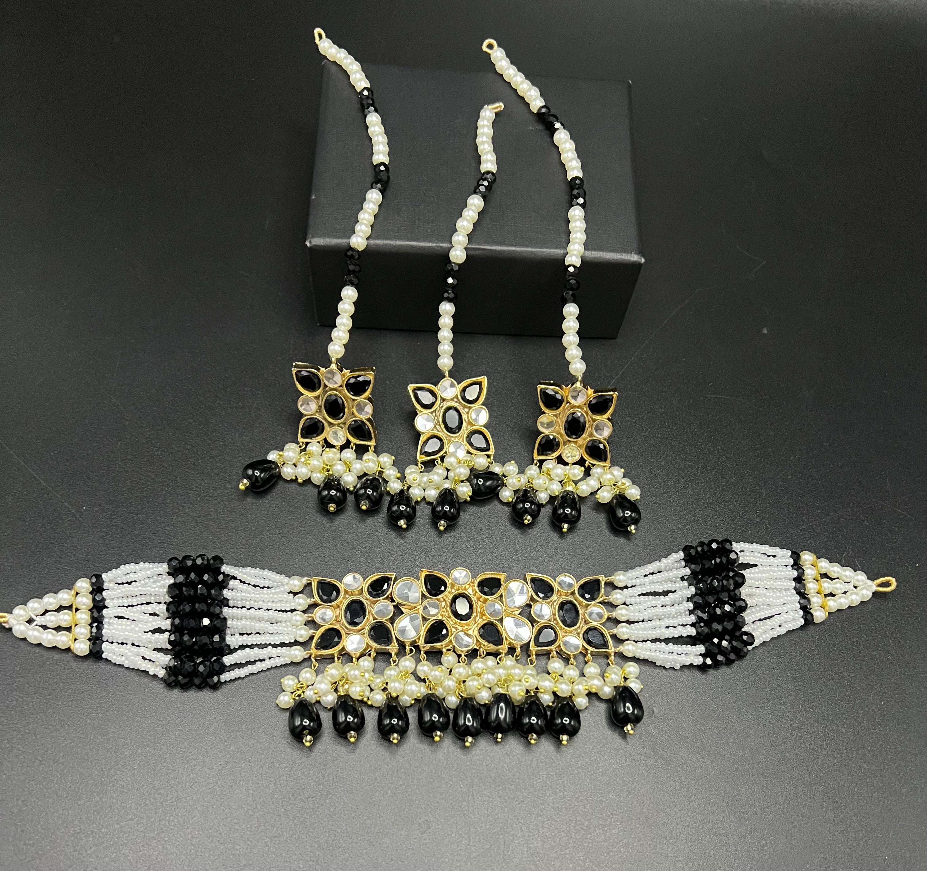 Traditional Kundan Choker Set with Pearl Beaded Strings - Multi-Strand Necklace with Matching Pass (Jhoomar) - Available in 6 Color Variants