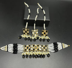 Traditional Kundan Choker Set with Pearl Beaded Strings - Multi-Strand Necklace with Matching Pass (Jhoomar) - Available in 6 Color Variants