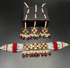 Traditional Kundan Choker Set with Pearl Beaded Strings - Multi-Strand Necklace with Matching Pass (Jhoomar) - Available in 6 Color Variants