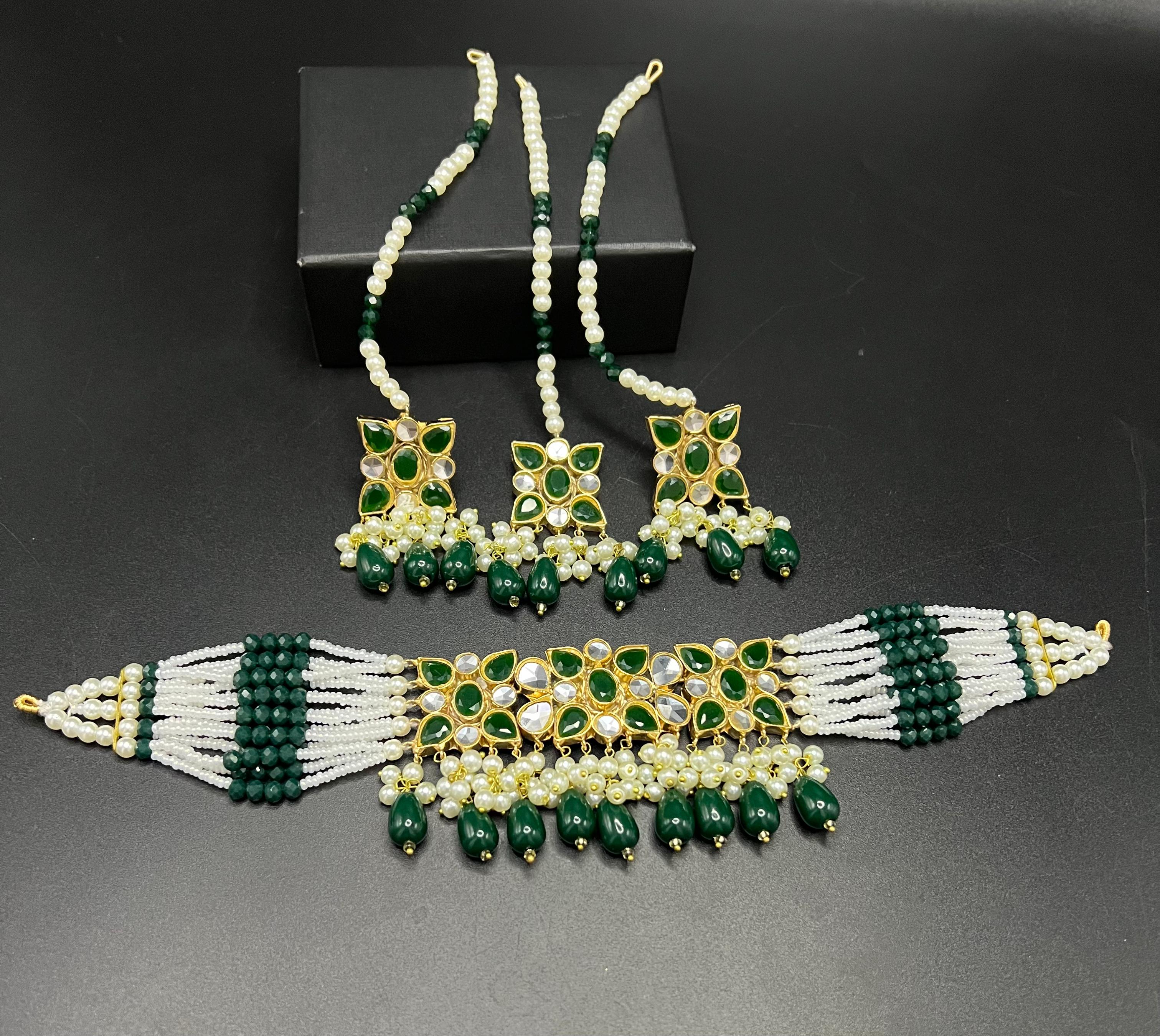 Traditional Kundan Choker Set with Pearl Beaded Strings - Multi-Strand Necklace with Matching Pass (Jhoomar) - Available in 6 Color Variants