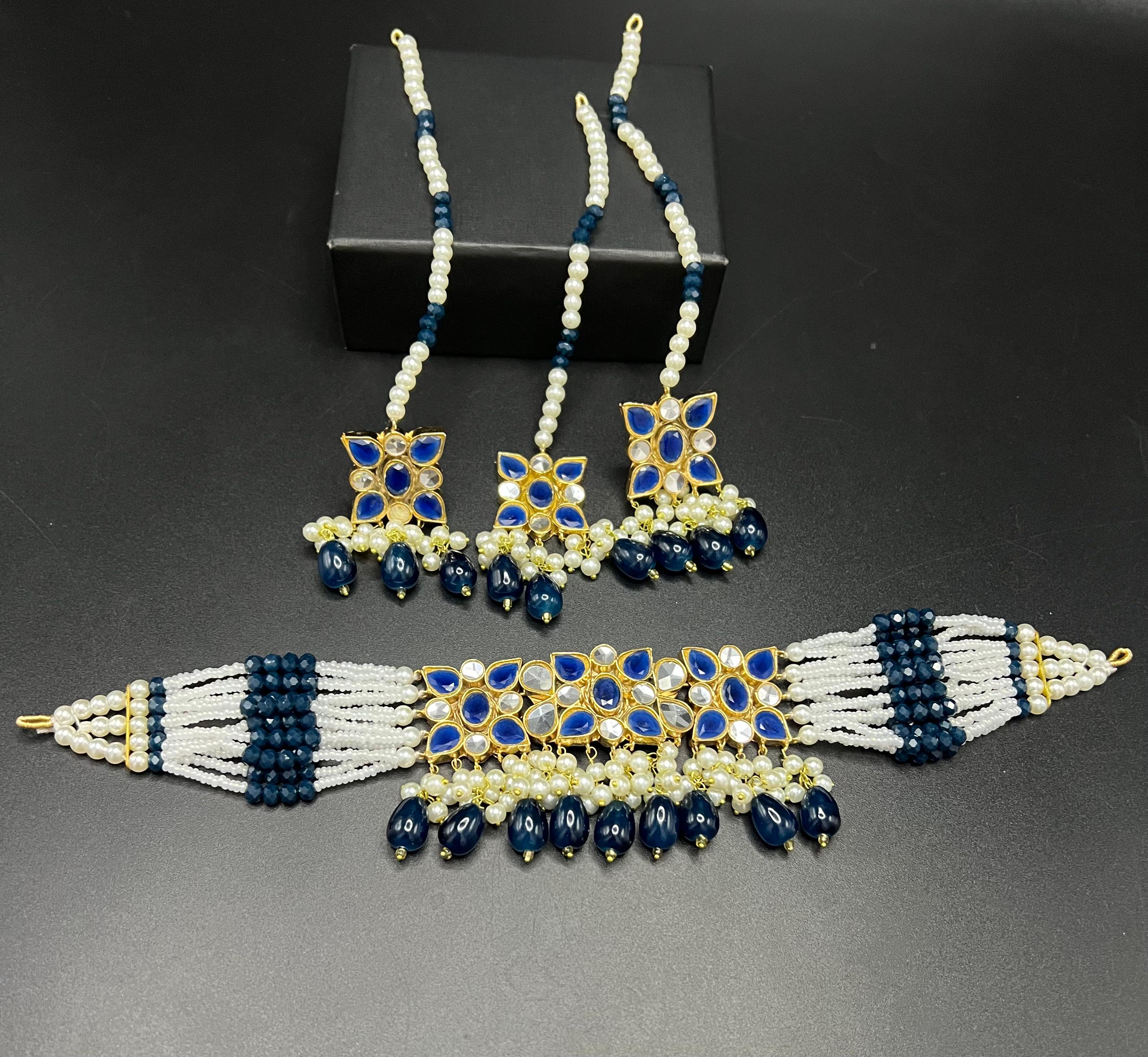 Traditional Kundan Choker Set with Pearl Beaded Strings - Multi-Strand Necklace with Matching Pass (Jhoomar) - Available in 6 Color Variants