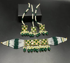 Traditional Kundan Choker Set with Pearl Beaded Strings - Multi-Strand Necklace with Matching Pass (Jhoomar) - Available in 6 Color Variants