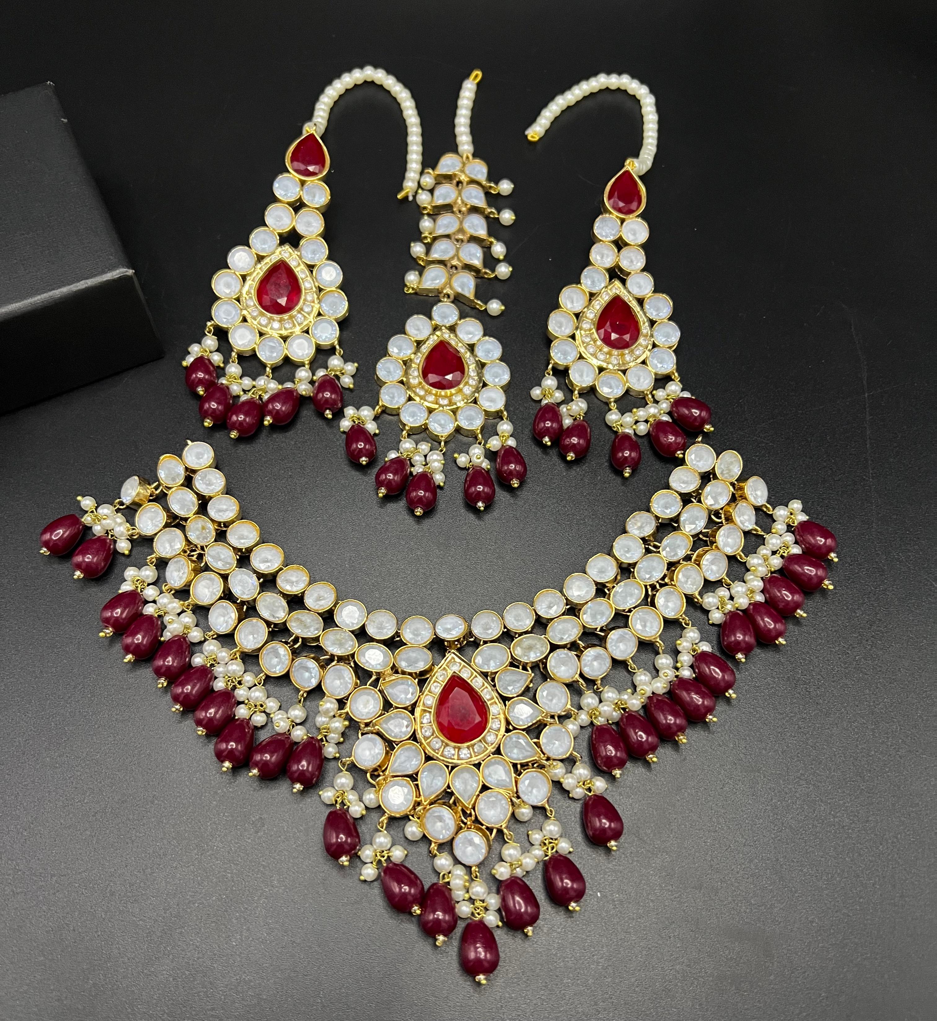 Kundan Polki Bridal Choker Bridal Set with Maang Tikka & Jhoomar - Traditional Statement Jewelry with Pearl Drops - 5 Color Variants