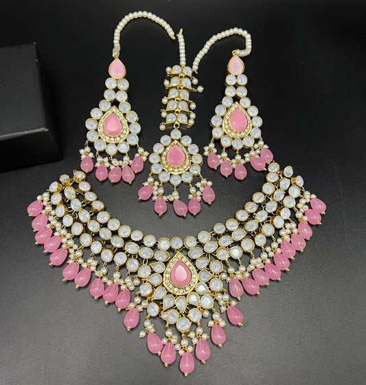 Kundan Polki Bridal Choker Bridal Set with Maang Tikka & Jhoomar - Traditional Statement Jewelry with Pearl Drops - 5 Color Variants