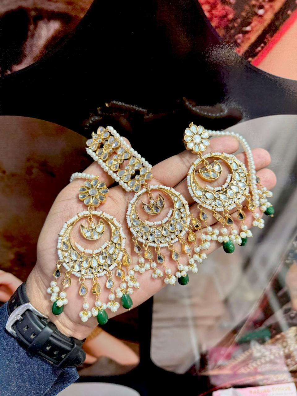 Kundan Polki Chandbali Earrings with Maang Tikka Set - Multi-Layered Crescent Moon Design with Pearl Drops - 3 Color Variants