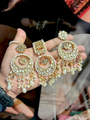 Kundan Polki Chandbali Earrings with Maang Tikka Set - Multi-Layered Crescent Moon Design with Pearl Drops - 3 Color Variants
