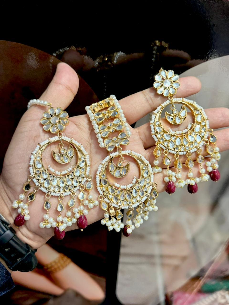 Kundan Polki Chandbali Earrings with Maang Tikka Set - Multi-Layered Crescent Moon Design with Pearl Drops - 3 Color Variants