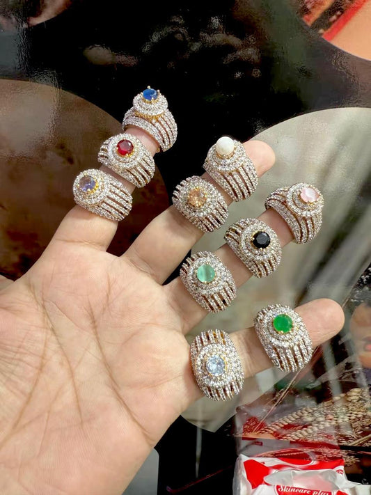 Luxurious Multi-Row Pavé Statement Ring with Vibrant Solitaire Centerpiece