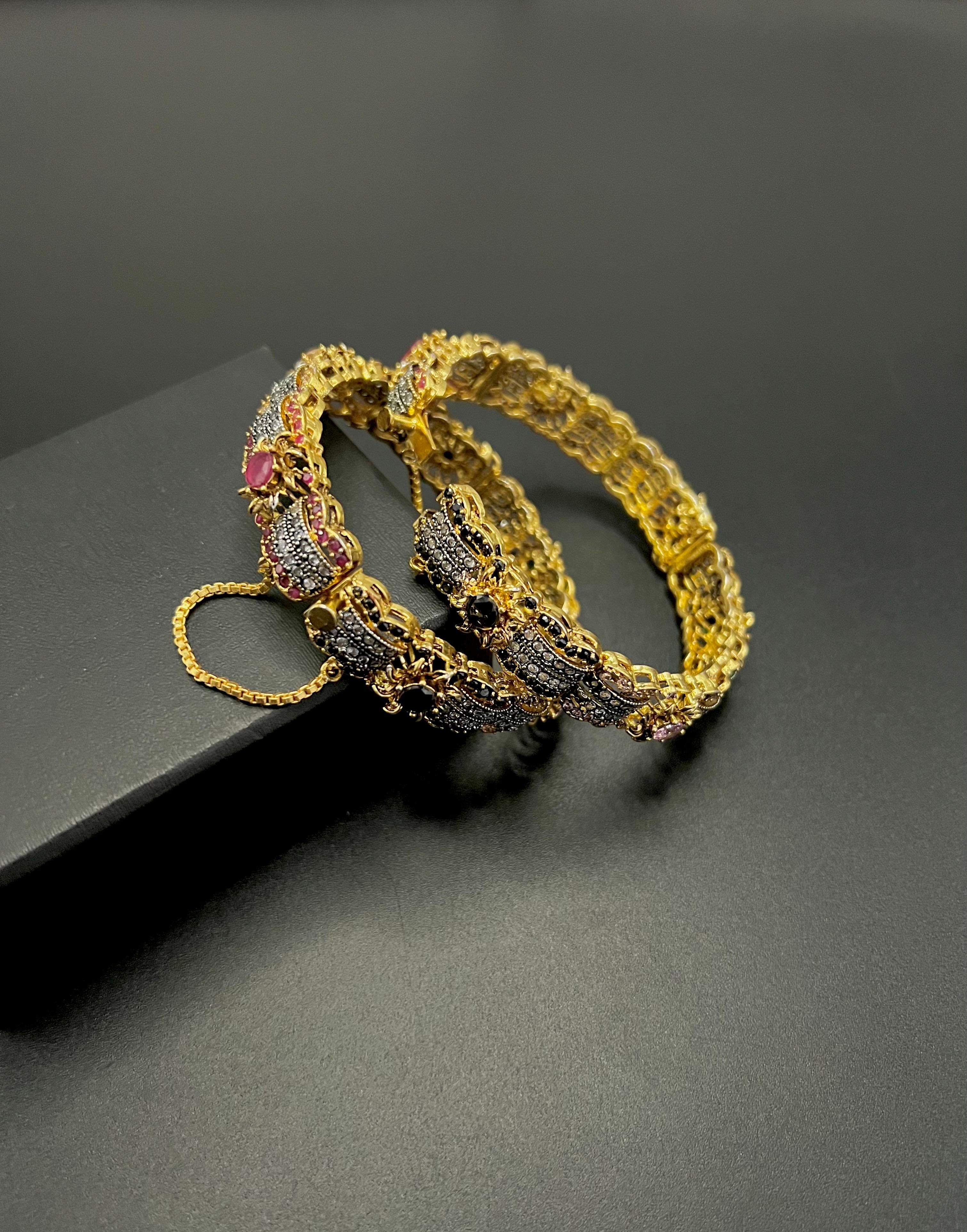 Antique Gold-Plated Filigree Kada Bangles with Micro-Pave Stone Accents and Safety Chain