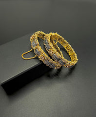 Antique Gold-Plated Filigree Kada Bangles with Micro-Pave Stone Accents and Safety Chain
